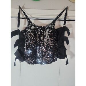 Vintage Y2K black silver sequin top Oh Yes Camisol Shirt Festival Large